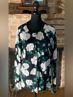 Merona Black Sweater with White Magnolias and Green Accent